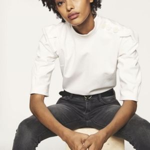 ba&sh White Button-Shoulder Three-Quarter Sleeve Top